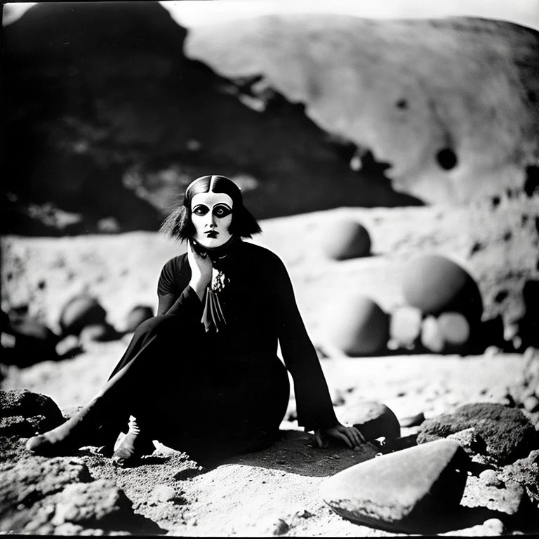 photo, 1920 horror movieshot, sitting, eaging, rocks, very odd objects in background, Ades, stunning photo, persone con sorriso falso e occhi, Charon, tenebroso, macabro, marcio, interno museo, fiotti di liquido nero che zampillano, hypermaximalist, strangeness, sundial light, odd, intricate, Lawrence Alma-Tadema style, albero, hypnotic, very accentuated details of the dress and skin, eerily mysterious, artistic photo, shot on Hasselblad, sadness, follia, smoke, daguerrotype