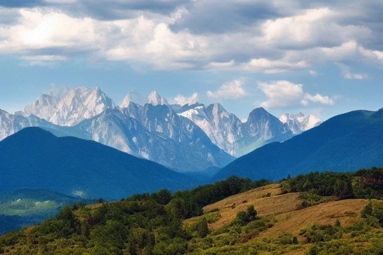 a beautiful landscape of mountains. this is summer. the mountains are gigantic. we can see the top of the mountains