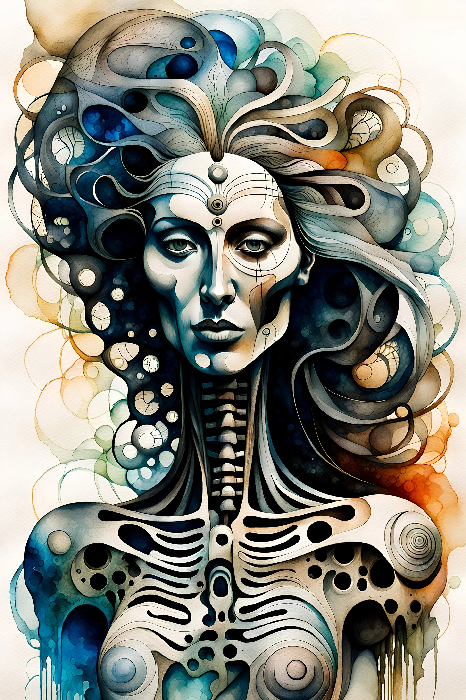 Picasso and Peter Gric style ink wash and watercolor, full body illustration of a biomechanical woman , highly detailed facial features, mixed to anatomical body view, visible skeleton, wildly flowing hair, 8k octane, all in focus, clean face, no grain, ethereal, otherworldly concept art in vibrant natural colors