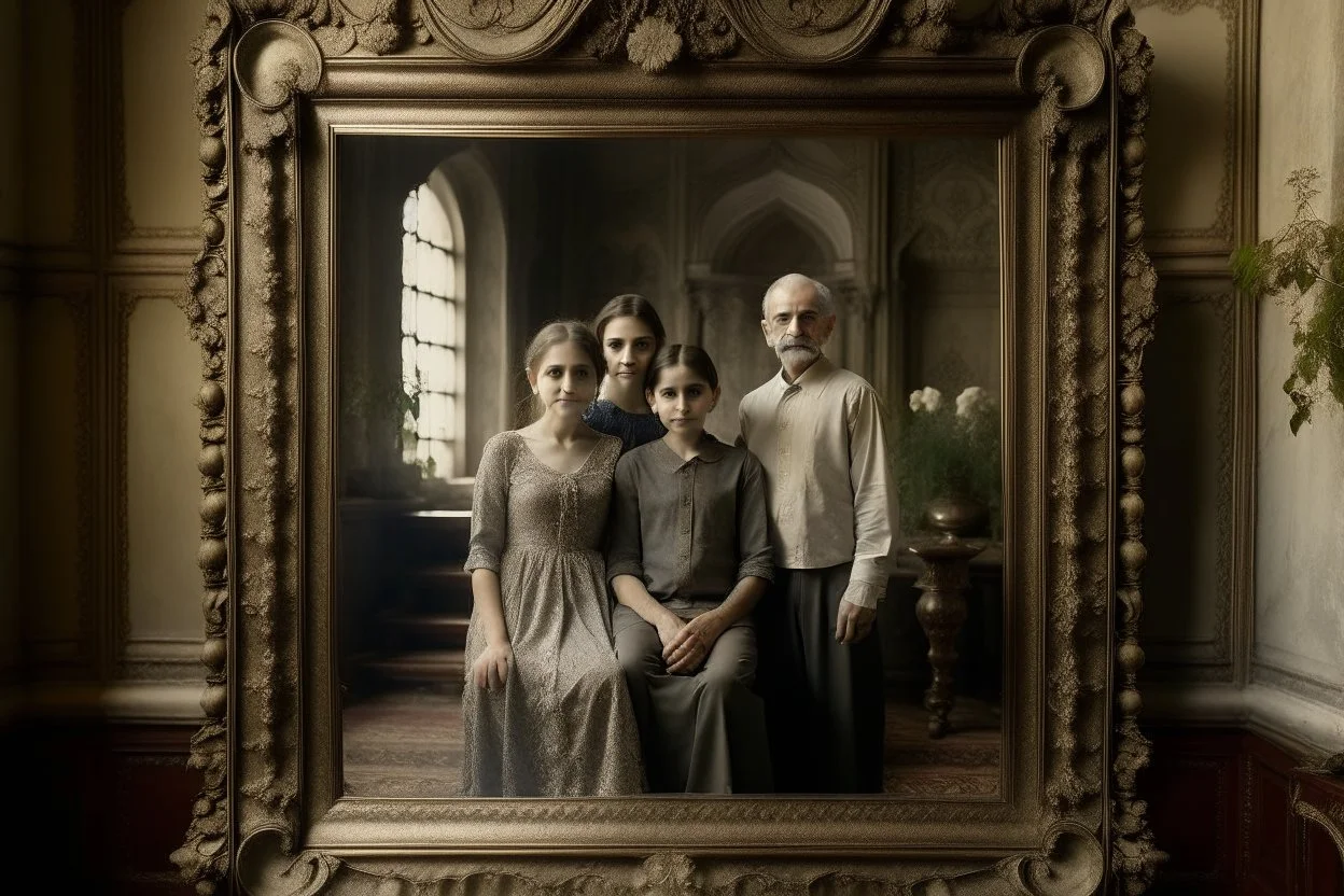 family photo, broken gray tones, old, as if veiled, 16 K. old photograph, family portrait, behind a painting with a painting of a palace with columns