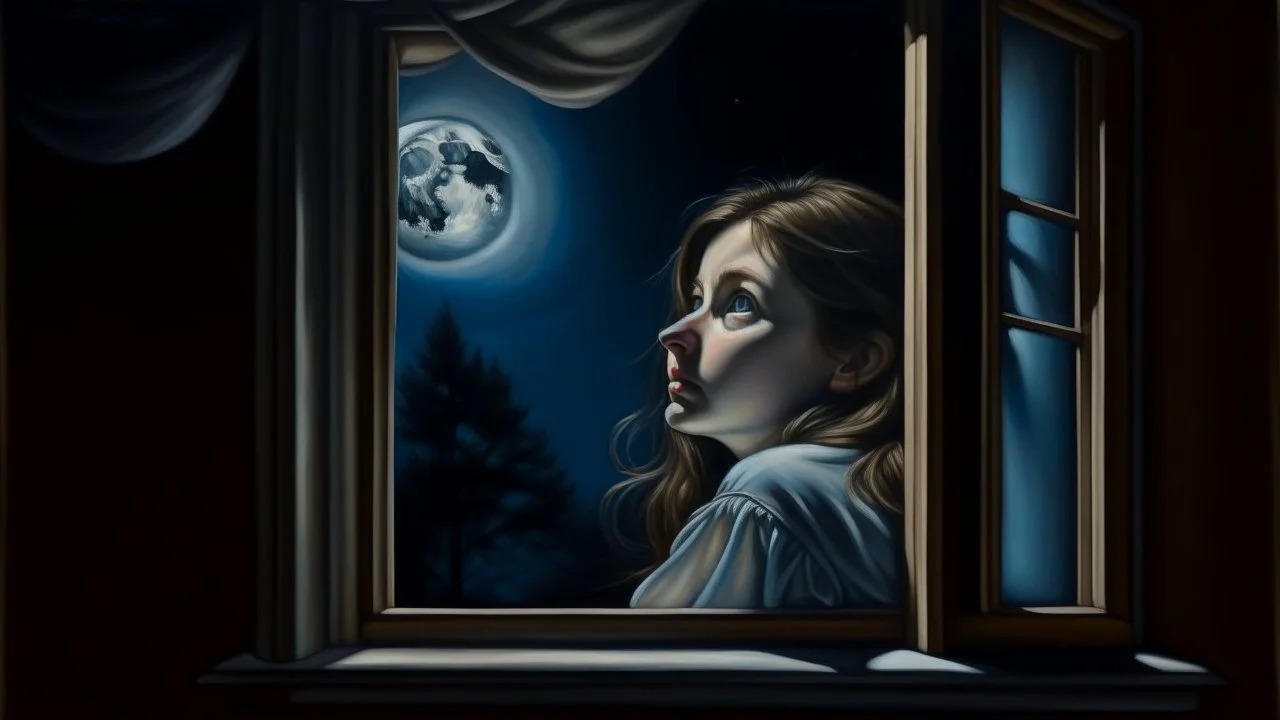 A hyper-realistic oil painting depicting a mysterious face peering out from a window, caught in the moonlight