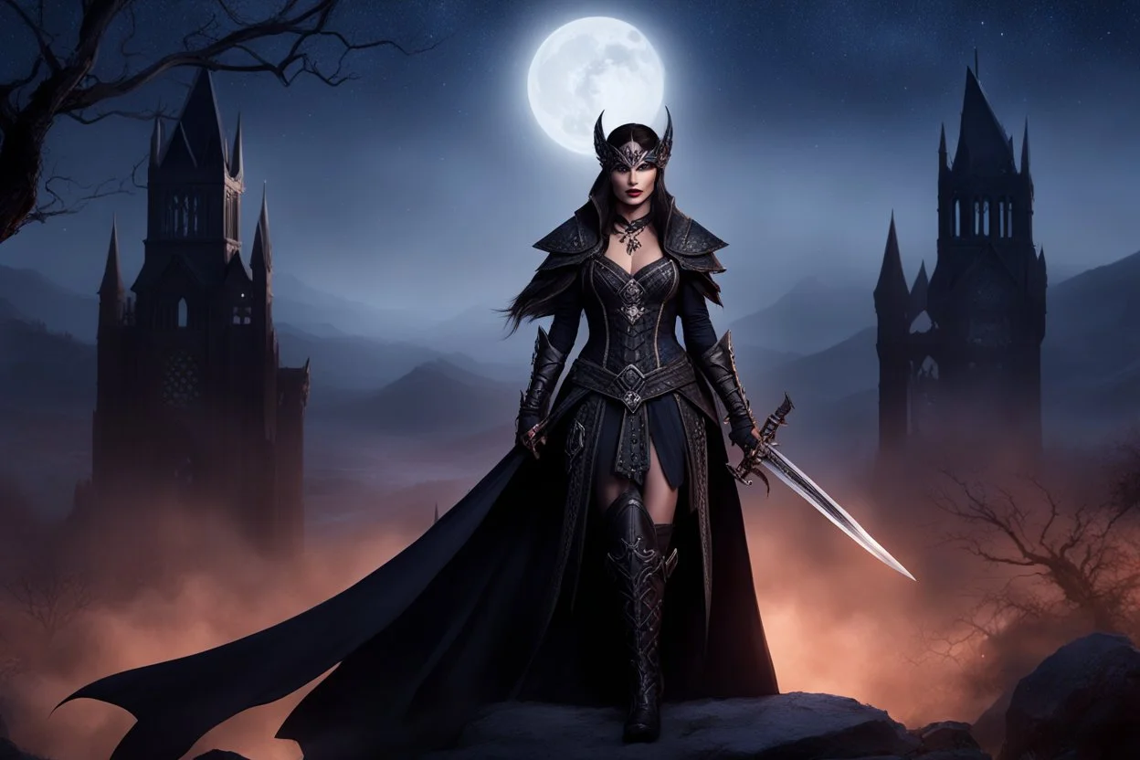 the mystical vampire huntress adopts a powerful posture, her form shrouded in mystery as she stands against her foes. With an over-the-shoulder view, her bespoke warrior ensemble decorated with onyx tracery and darkness symbols shimmers under starlight, throwing spectral forms across the landscape. In this imposing Victory Position, she reveals her commanding nature through her midnight warrior garb and bearing, embodying her might and self-assurance in instances of crisis.
