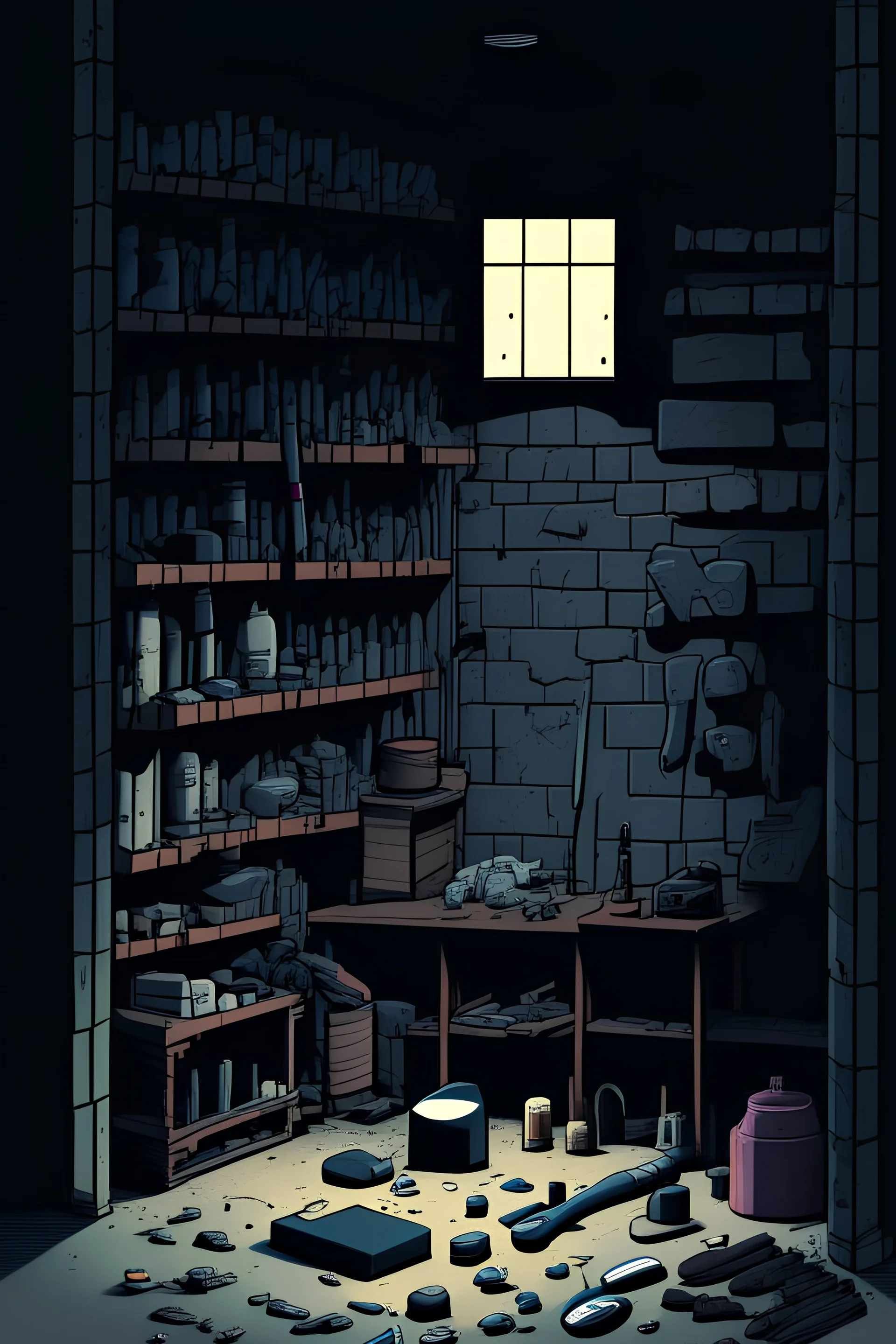 minimal manga color drawing of a dark room with a lot of items and tools, stony wall