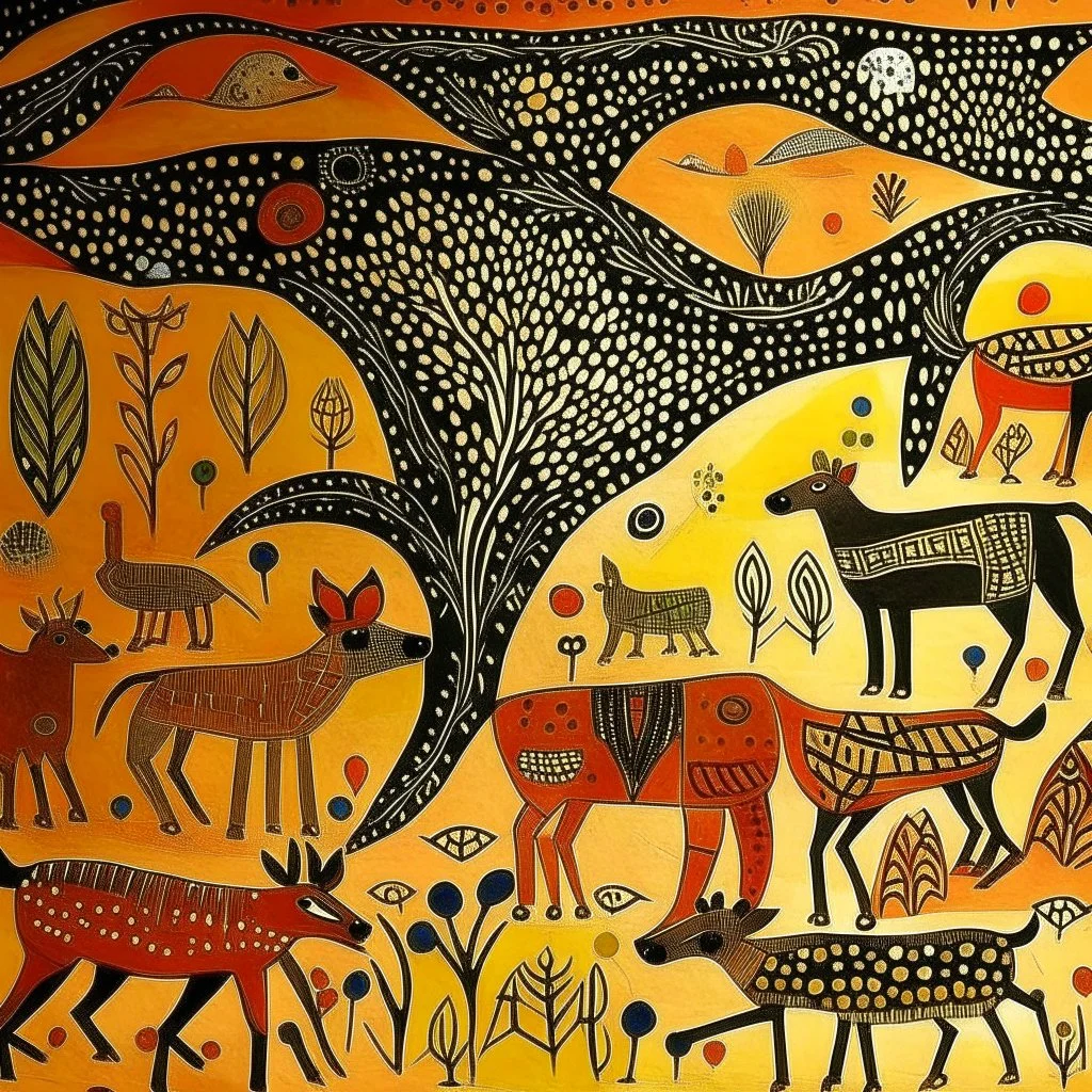 A tan semi-desert grounds with animals designed in Australian aboriginal art painted by Paul Klee