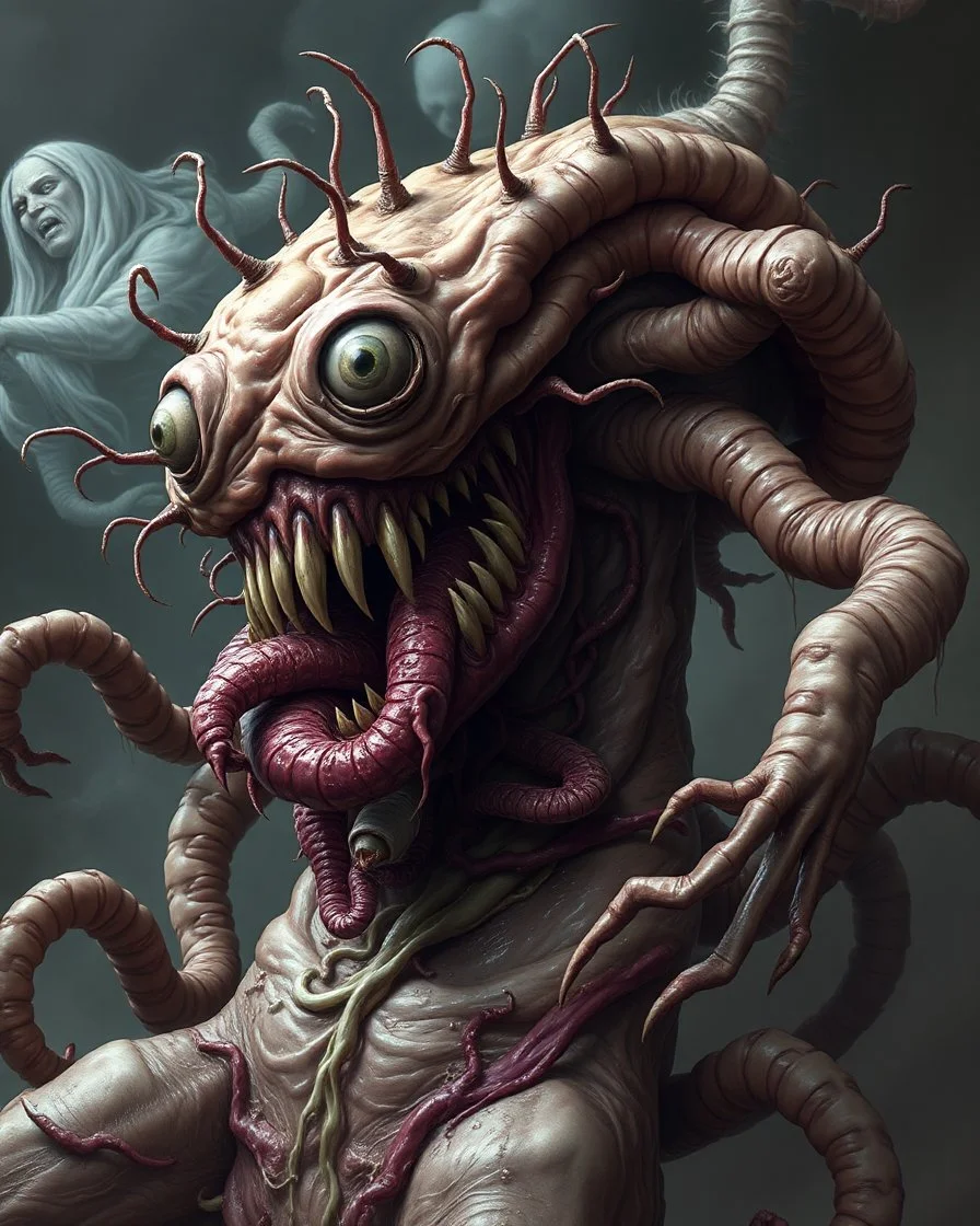 A horrific disgusting intestines and guts horror monster blob with eyeballs, teeth, needles, stingers, toxic slime, consuming a human with mutated deformed body many limbs, poisonous mutant creature, flesh, bones, anatomical structures