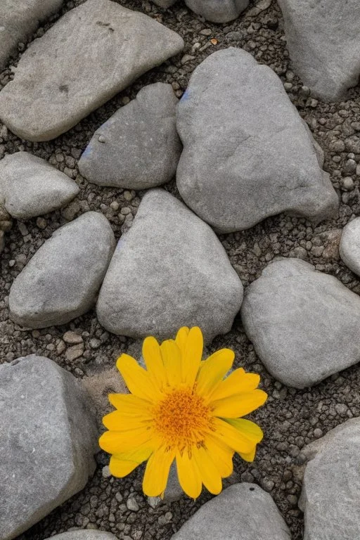 small beautiful flowers grow out of cracks in the grey stones and rocks