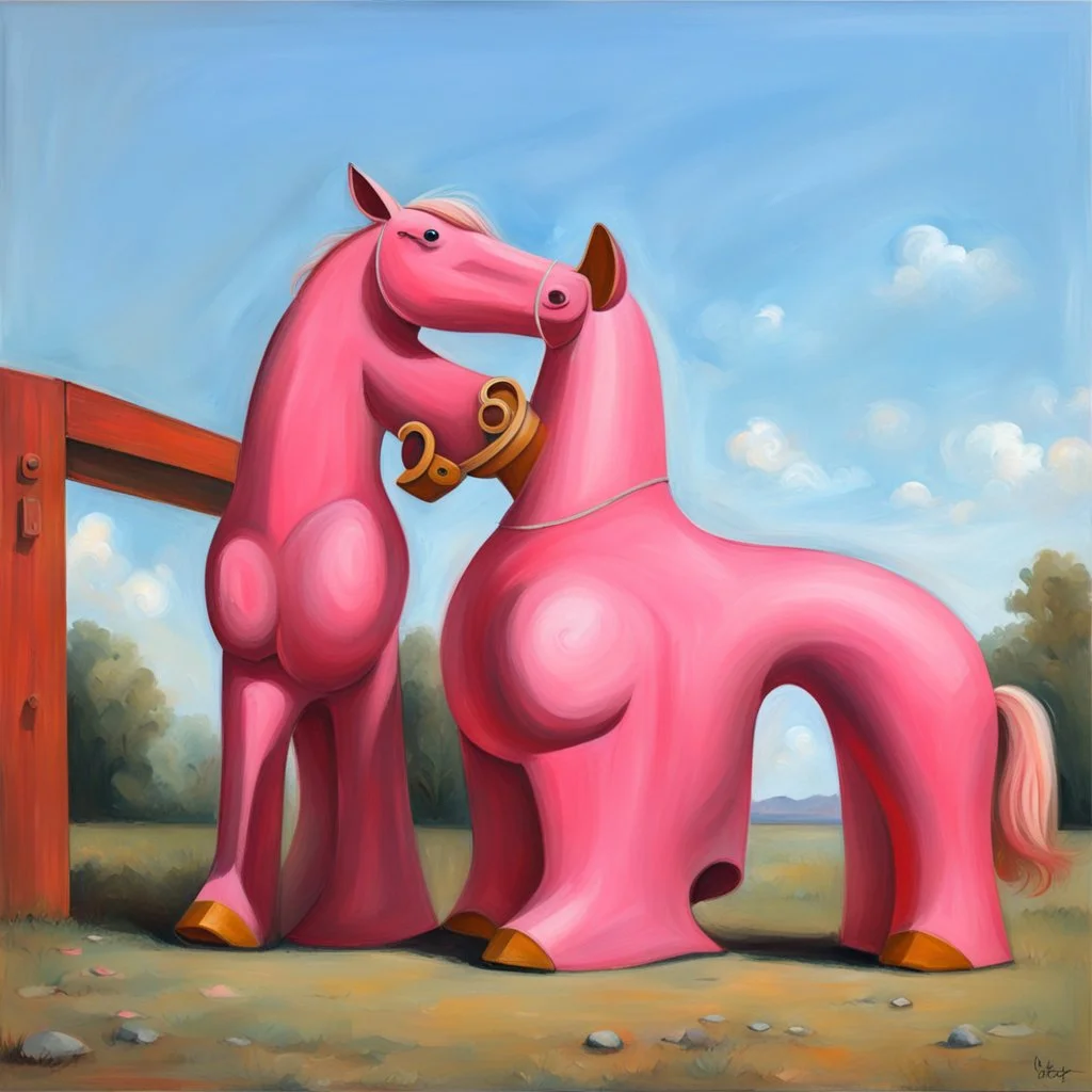 Big pink toy horse.19th painting