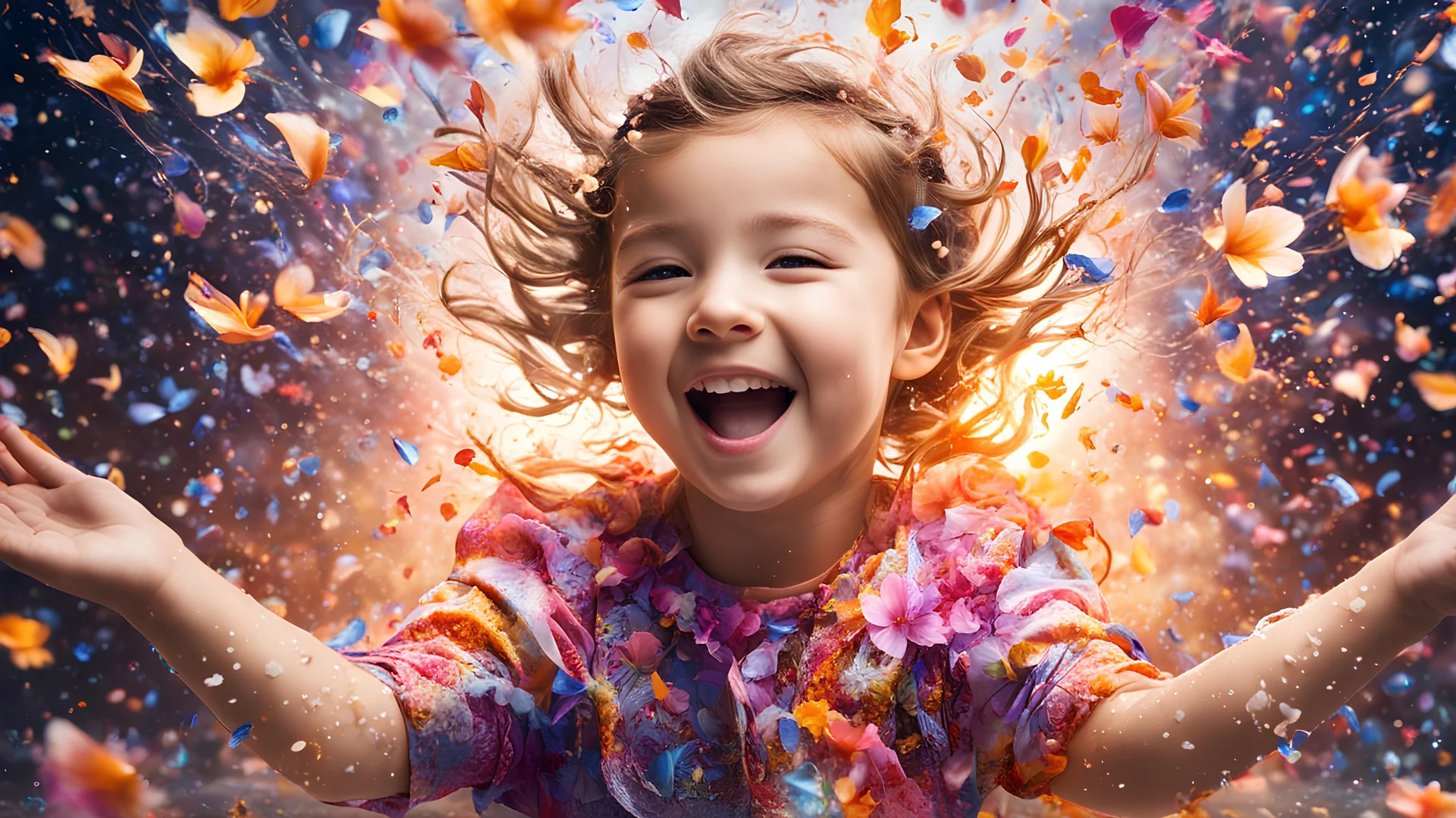 Magical Fantastic young happy child facing camera, Liquid Structure, Flying Petals, Splash, Portrait Photography, Fantasy Background, Intricate Patterns, Ultra Detailed, Luminous, Radiance, Joy, Exuberance, Fun, energy, excitement, Ultra Realism, Complex Details, Intricate Details, 16k, HDR, High Quality, Trending On Artstation, Sharp Focus, Studio Photo, Intricate Details, Highly Detailed