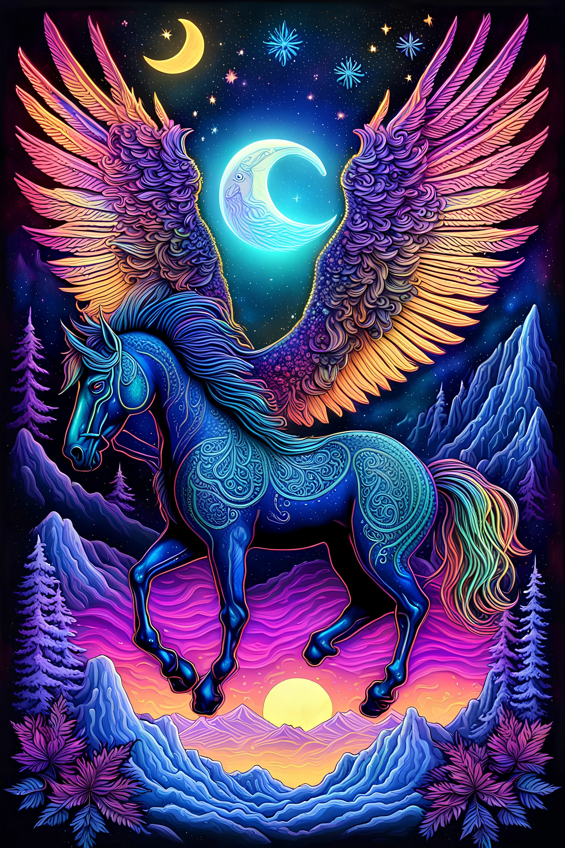 anatomically perfect neon pegasus with bone wings, 3D embossed textured ethereal image; midnight hues, extreme colors, neon pegasus in front of a snowy mountain backdrop; trippin', psychedelic, groovy, art nouveau; indica, sativa, leaves, crescent moon in a nebula sky, starry night, glitter, gig poster art, macabre, eldritch, bizarre, extreme neon colors, mixed media, velvet, blacklight, uv