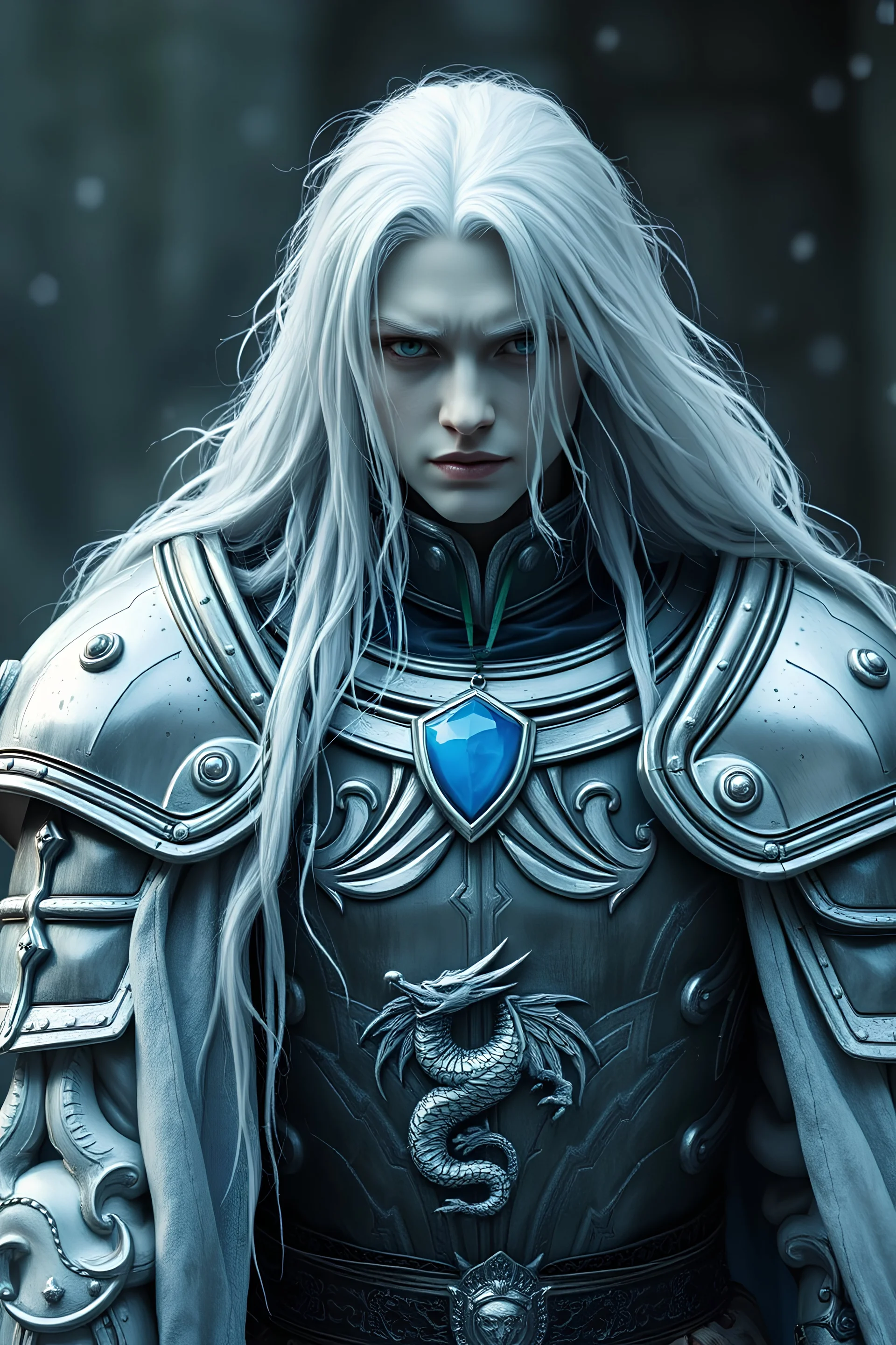 Scary knight in his 20s with long white hair with icy fog and silvery white eyes and pail skin wearing silver armor with a blue pendent of a silver dragon on his chest