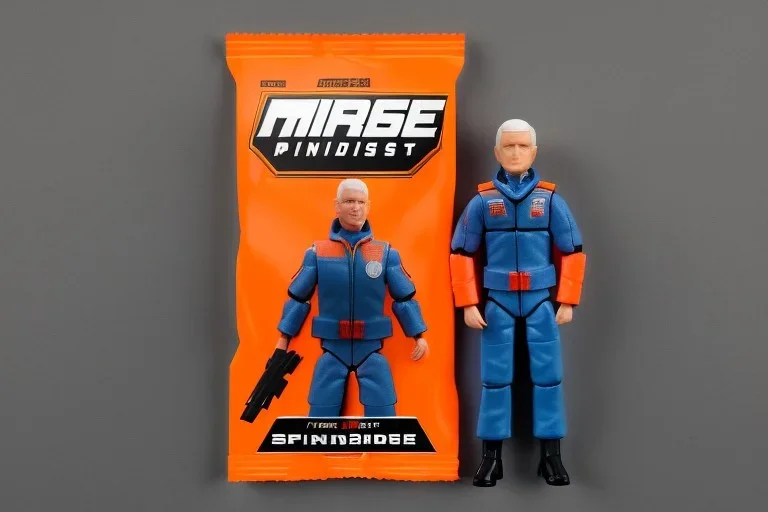 packaging label Mike pence g.i. joe toy With a gun space force uniform action figure, fluorescent orange, pricetag, snowcat