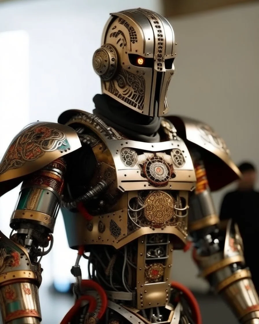 A brave iranian warrior with leather and metal combat clothes robotic metal with Iranian symbols and culture