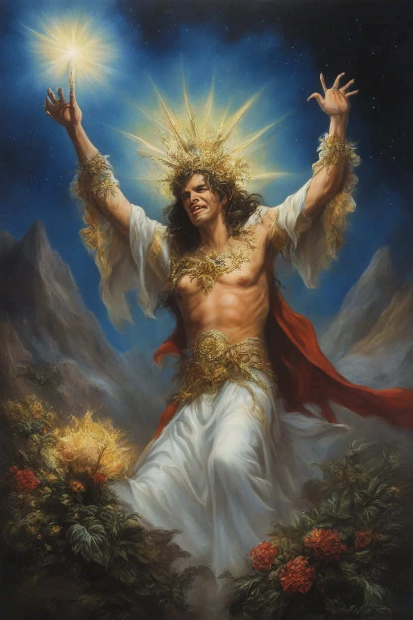 full color - Praise the Lord - Botany - Starry - Retro Pop - Dark Fantasy - Horror - Festive - Realistic - oil painting by Boris Vallejo