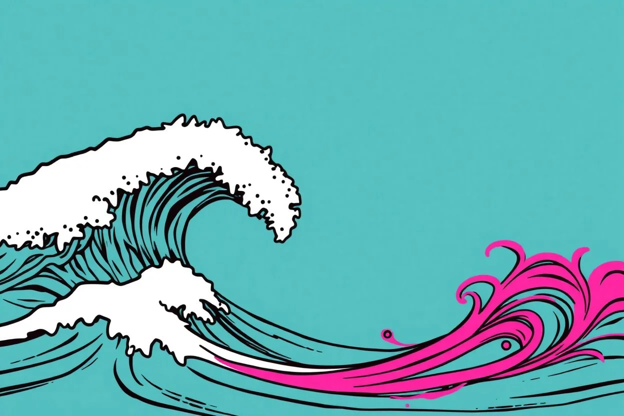 a background of surf waves with black linework, blue teal tones, surf culture, kawaii cute. + vector linework. swirling in bottom right. add pink and magenta graffiti lines over edges