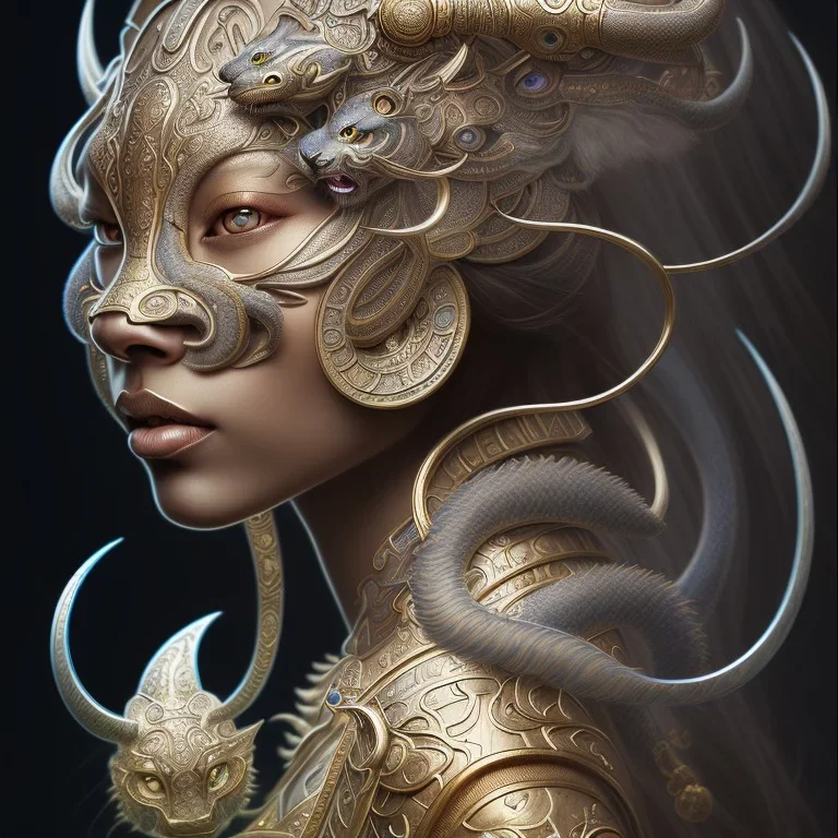 Sango fantasy, fantasy magic, intricate, sharp focus, illustration, highly detailed, digital painting, concept art, matte, art germ and Paul Lewin and Kehinde Wiley, masterpiece Indonesian lady head bronze tiger Asian African girl nice breast Hawaiian hair turquoise silver waves