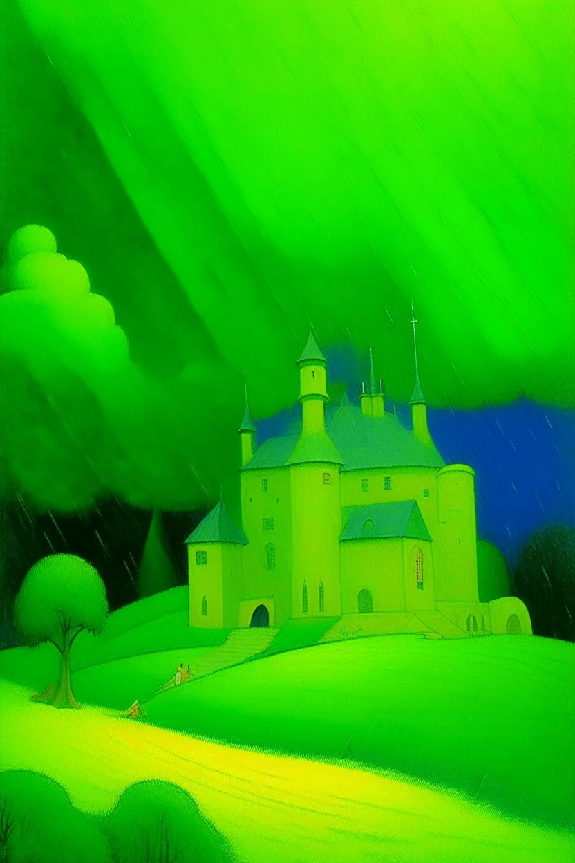 A lime green castle in a plasmatic thunderstorm painted by Georges Seurat