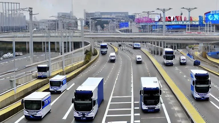 A police Tesla Cybertruck is chasing a Tesla 'Model S Plaid' at top speed, across the 'Nagashima Spa Land', in Kuwana, in Japan.