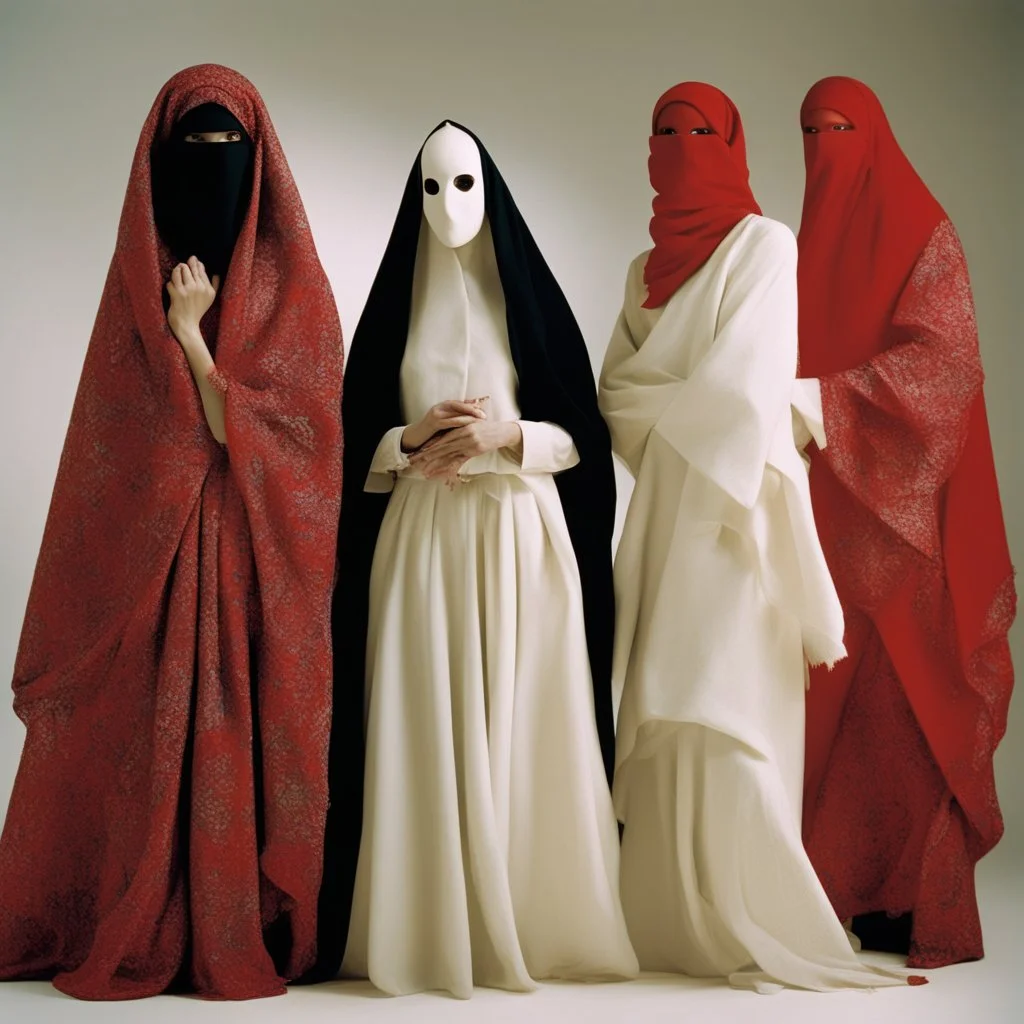 no face A fashion photography of a group wearing traditional Middle Eastern , no face in a white studio with a red scarf around the head and a long skirt, posing for Vogue magazine in the style of James Bidgood photographed in the style of Tim Walker. --ar 101:128 --v 6. 0