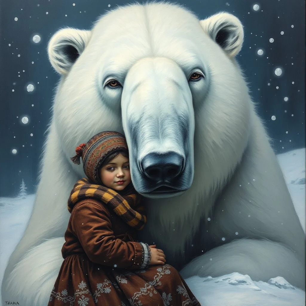 dark fantasy oil painting of a traditional Inuit girl snuggling against the giant face of a fantastical fluffy polar bear in a snowstorm