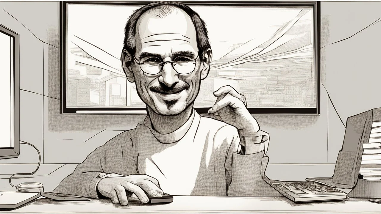 "A thumbnail image of Steve Jobs, the founder of Apple Inc. and an icon of innovation and technology. The image depicts Steve Jobs wearing his iconic glasses and smiling confidently. The design of the image conveys aspects of brilliance and the impact that changed the world. The image symbolizes the journey of creativity and transformation that Jobs went through, embodying his values and legacy in the world of technology and business."