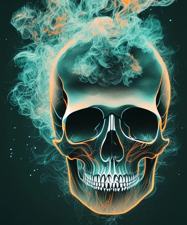 minimal lineart skull. watercolor and ink. black background. smoke and explode. particles in air. teal and orange