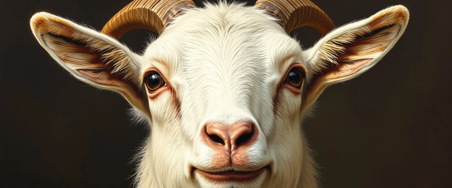 master oil painting by Rembrandt, good afternoon bitch goat with googly eyes