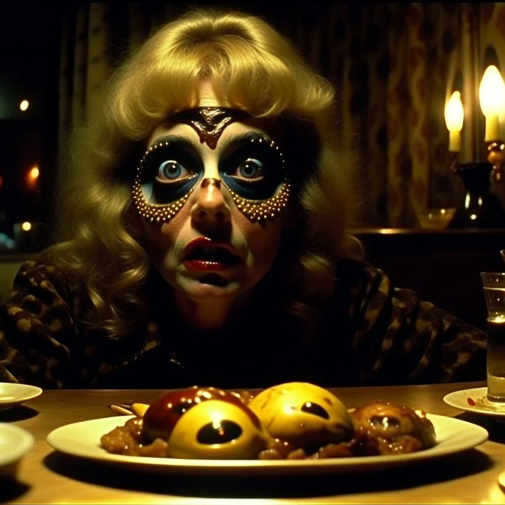 Spooky, ultra realistic distress, dining, ultra realistic hot woman, nose, giant eye on a table, organic hot bondes, dynamic, anguish, excited and lively scene, hypermaximalist figures, Creepy the Ring Alfred Hitchcock, Sam Raimi, insanely detailed, sinister, John Carpenter, Dario Argento, ornate