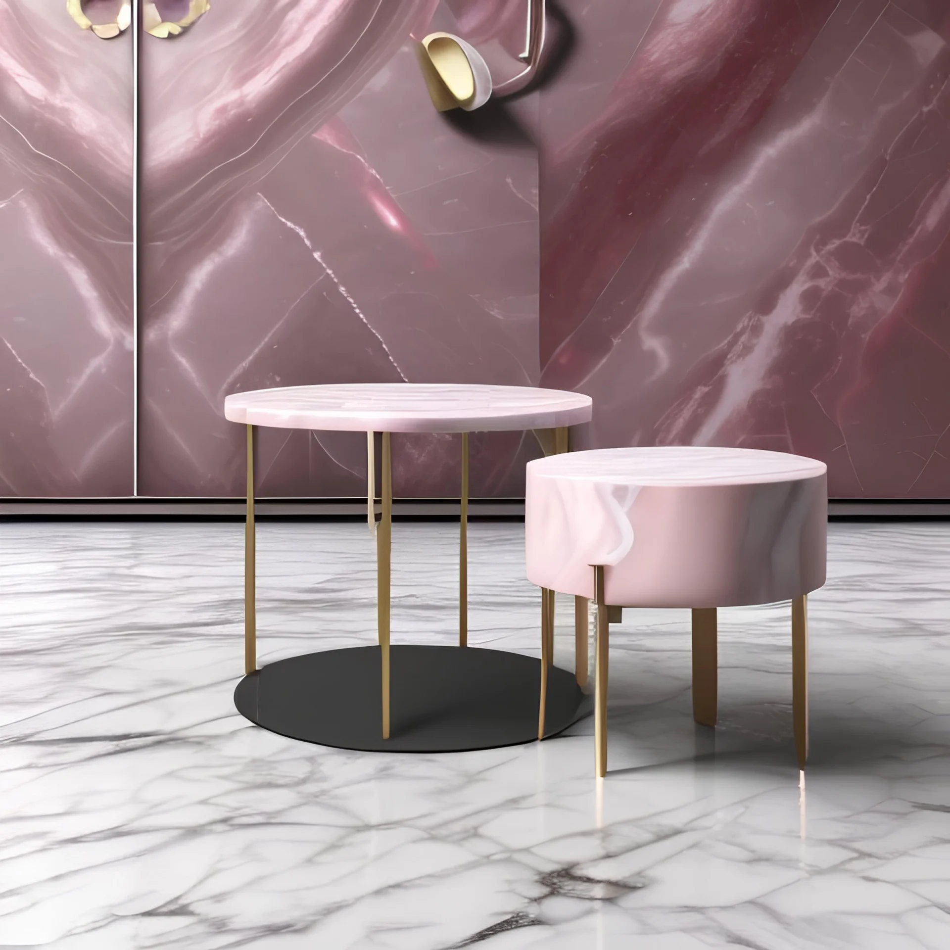 Light pink swirling marble texture,centered table & chair, HD 4K Unreal Engine 5 bokeh