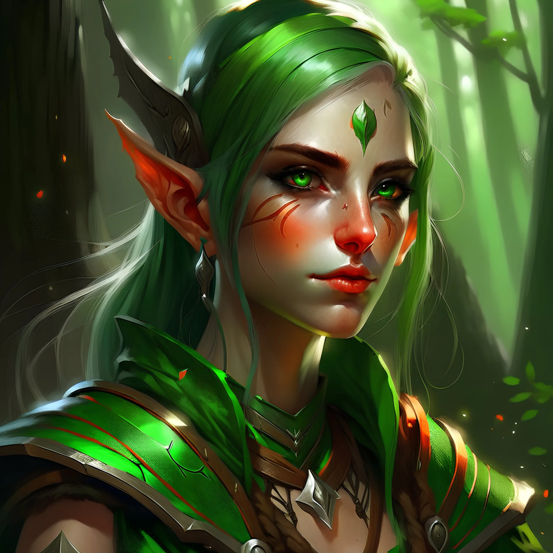 dnd, artistic, illustration, artstation, elf, bright green hair, green eyes, warrior, portrait