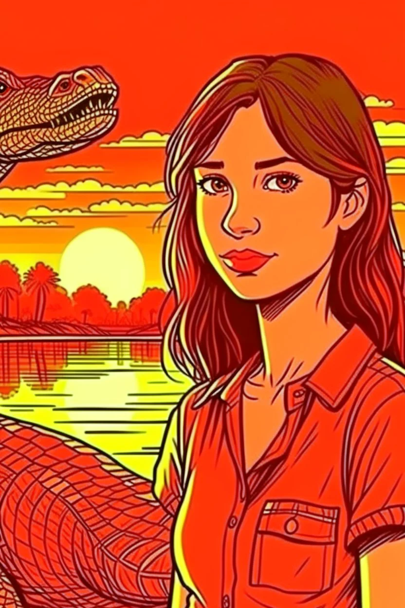 girl, brown hair, brown eyes, sunset, nature in the background with crocodile, handdrawn, river