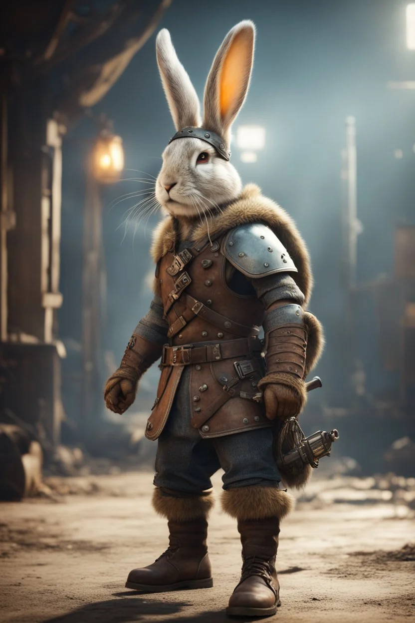 portrait of fast historic viking rabbit with hornet viking helmet & boots in fallout 4 setting, bokeh, downlight, prize winning, depth of field, in the style of ivo caprino