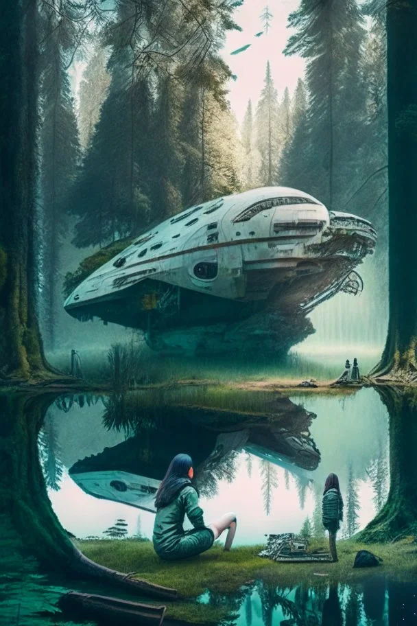 spaceship in a forest clearing, next to a lake, with a woman kneeling under it fixing something