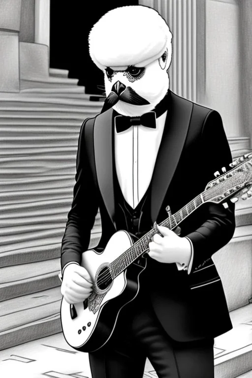 One single mature budgerigar wearing tuxedo, playing guitar in the street , Vienna, mourning, model style, hyper realistic, extremely accurate, delicate, extremely detailed, Graphic novel style, wide-angle, open aperture, superfine pencil