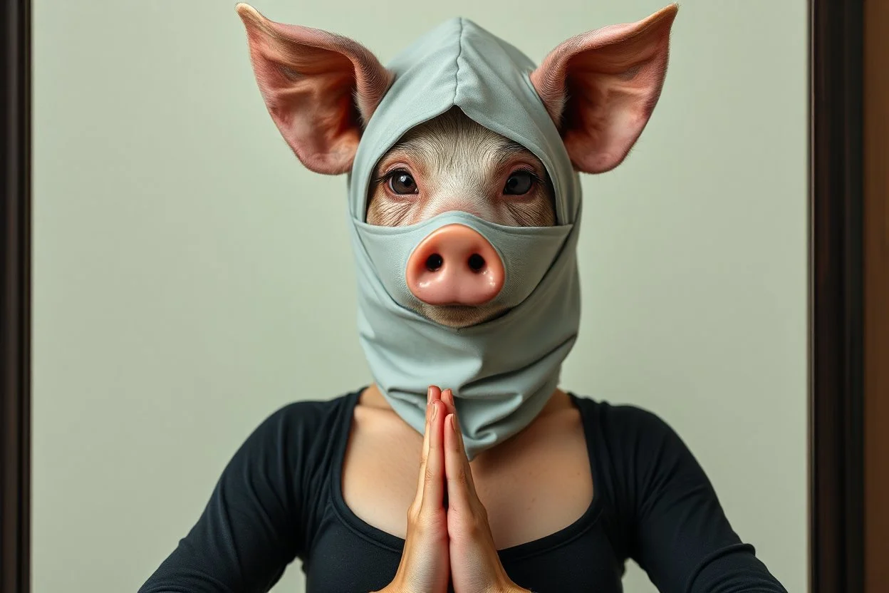 full body portrait of ninja pig humanoid pretty woman yoga weasel semi transparent hypnotic kind eyes in front of mirror