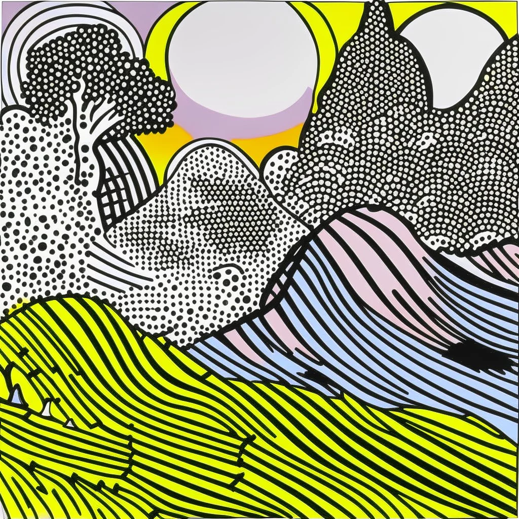 A pale rosy orange colored magical lands made out of woolly yarn painted by Roy Lichtenstein