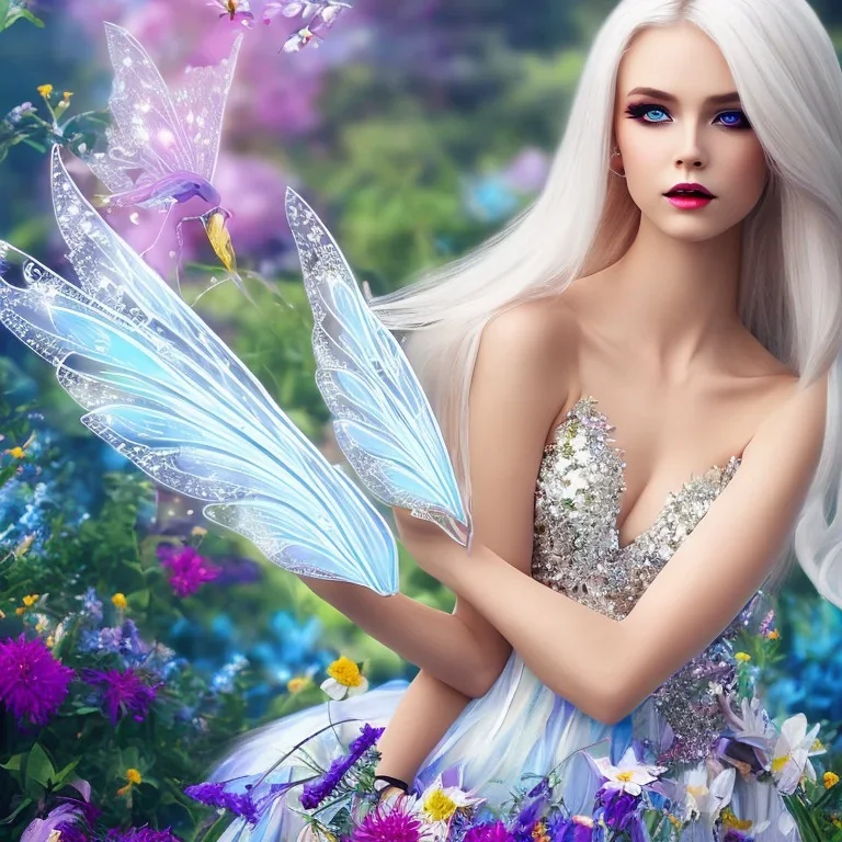 Fantasy fairy with transparent wings, smiling, make up, long platinum blond hair with crown and flowers, blue dress, flowering background