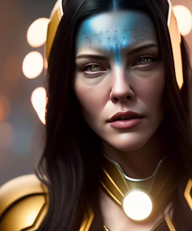 a fancy portrait of Liv Tyler as Avatar (movie) by Greg Rutkowski, Sung Choi, Mitchell Mohrhauser, Maciej Kuciara, Johnson Ting, Maxim Verehin, Peter Konig, 8k photorealistic, cinematic lighting, HD, high details, dramatic, atmosphereric, trending on artstation