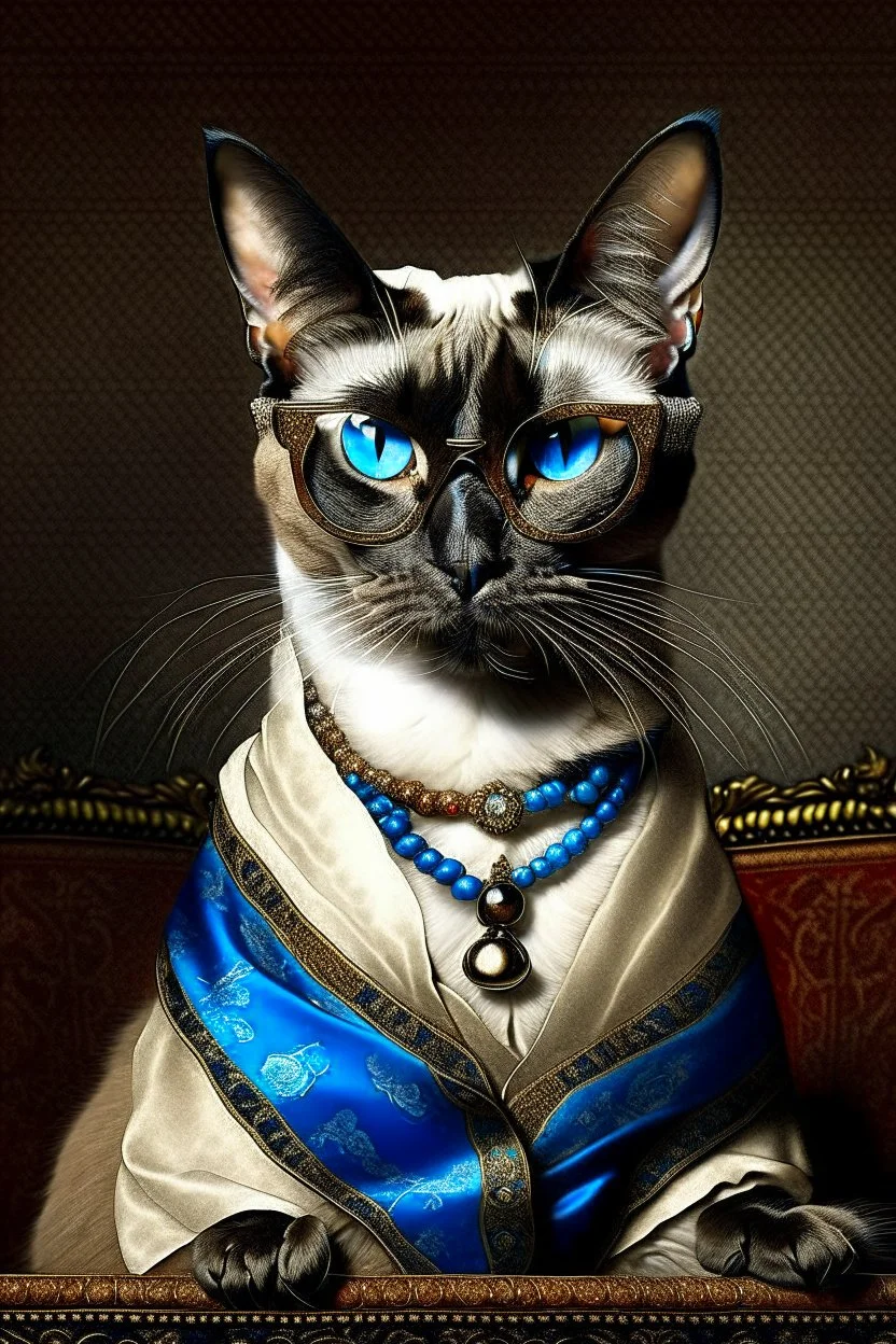 Prompt: the real awesome Siamese Cat queen in regals wearing reading glasses portrait 1600s