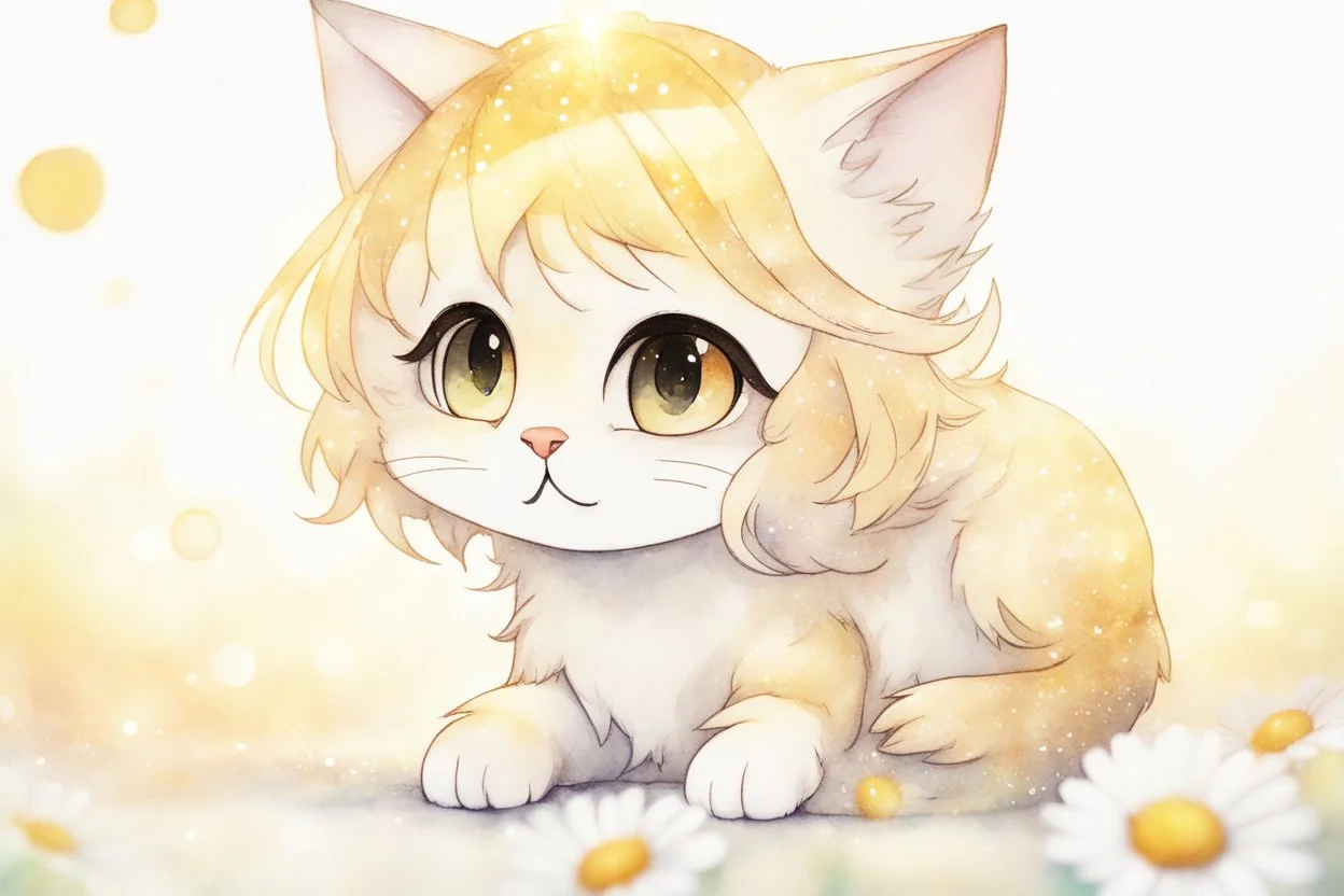 cute chibi daisy cat in sunshine, watercolor and black ink outlines, sparkling golden glitter, ethereal, cinematic postprocessing, bokeh, dof