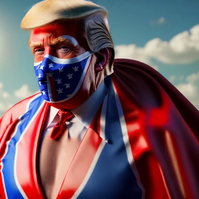 realistic image of donald trump as a mexican wrestling fighter posing outdoors, Mexican eyes wrestling mask, red and blue breeches, confederate flag cape, retro style, 80s, vibrant color, highly detailed, sky background, concept art, unreal engine 5, god rays, ray tracing, RTX, lumen lighting, ultra detail, volumetric lighting, 3d, finely drawn, high definition, high resolution.