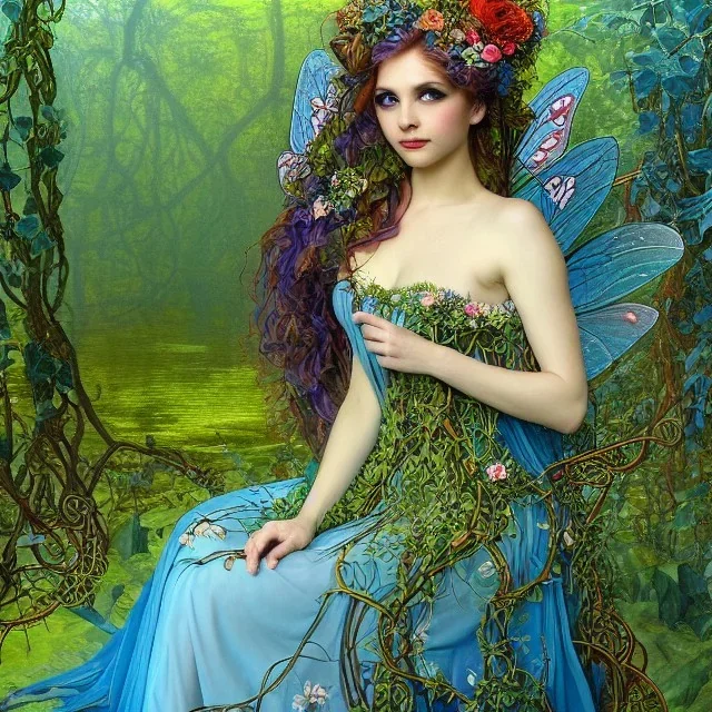 a closeup of a fairy wearing a dress of vines and flowers sitting near a cerulean reflective lake, artwork, Flickr, 8 k, detailed matte, fine-detailed, high-quality, in the style of George Grie, Anne Dittman, Anne Stokes, Lisa Parker, Selina French, alphonse mucha