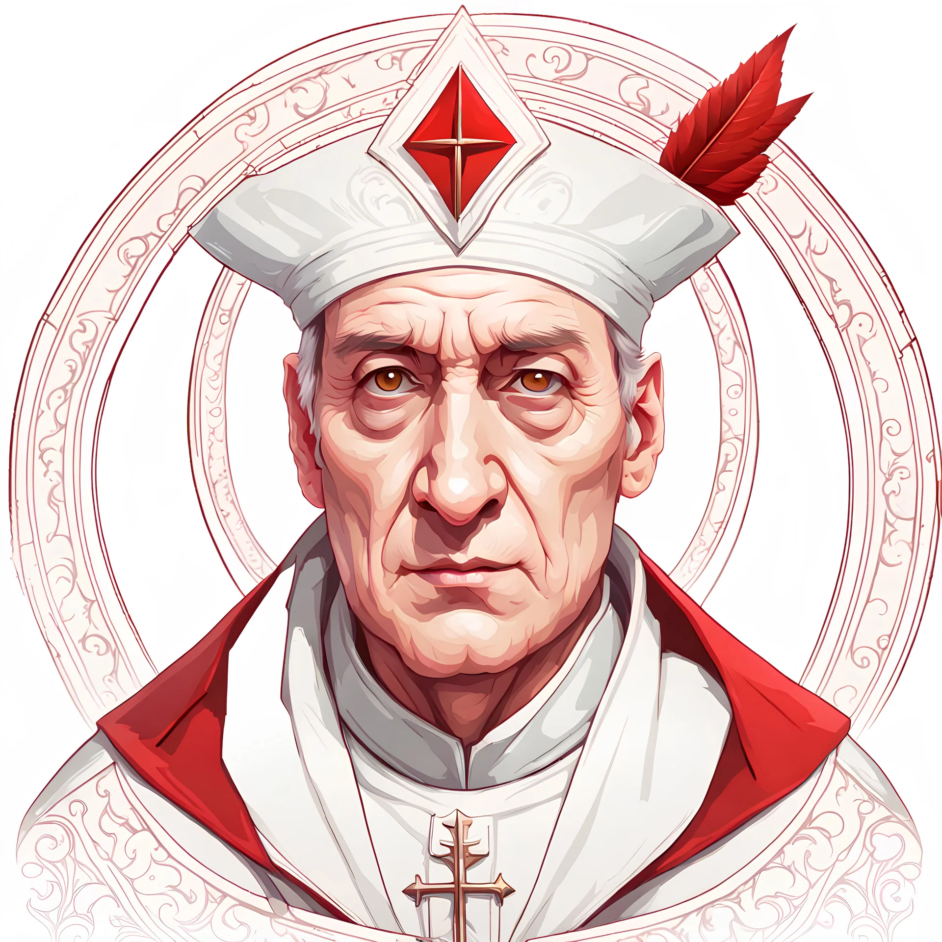 Man, cardinal, face portrait, red collar, religious, red biretta, game avatar, portrait, illustration