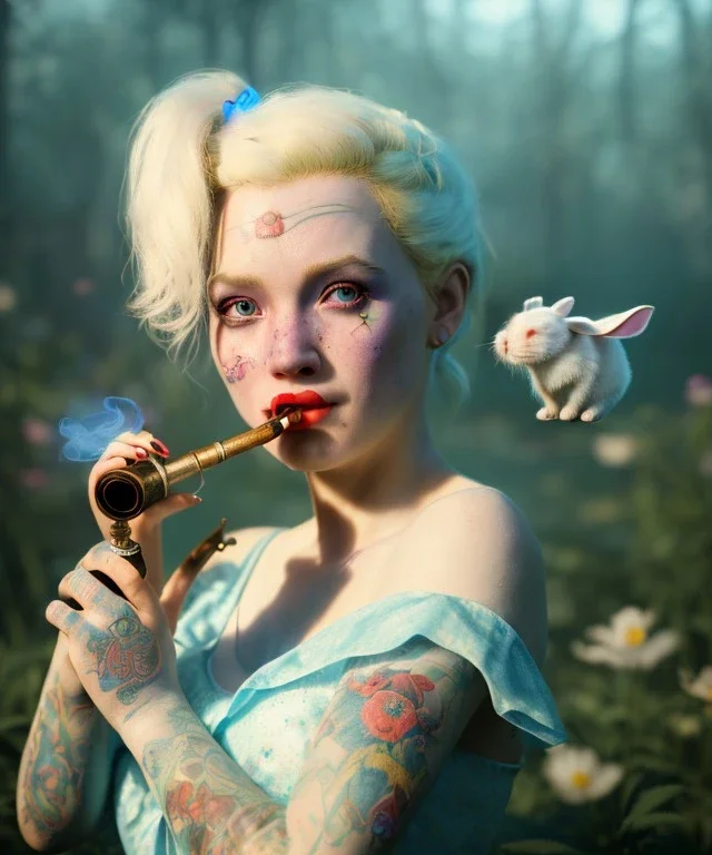 Ultra realistic wonderland photo, happy blonde woman smoking a pipe, blue dress, white rabbit pet, circus dress style, old school tattoo, smoke, marijuana garden, glow eyes, perfect iris, soft color, highly detailed, unreal engine 5, ray tracing, RTX, lumen lighting, ultra detail, volumetric lighting, high definition.