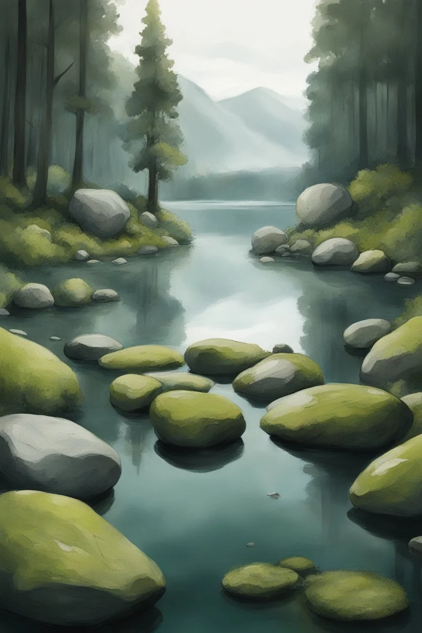 Draw me a lake with a mossy big stones
