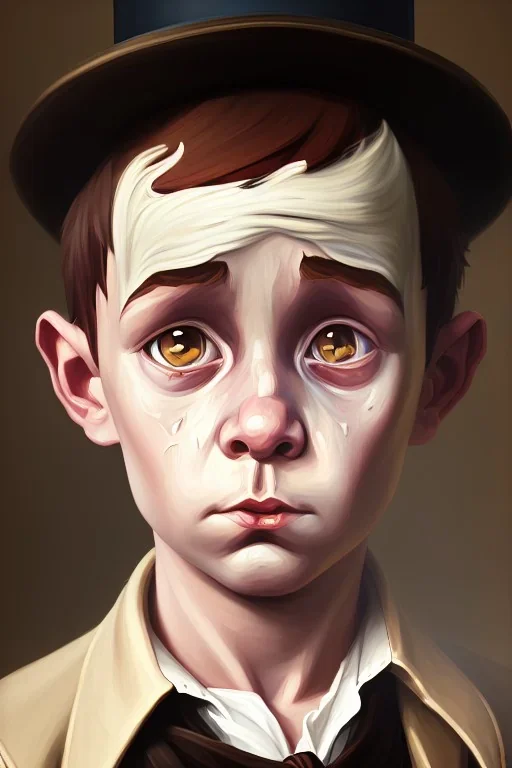 damaged realistic oil painting, portrait of oliver twist, boy crying, oil on face, 1800s clothes, wearing tophat, factory and oil in background, atmospheric lighting