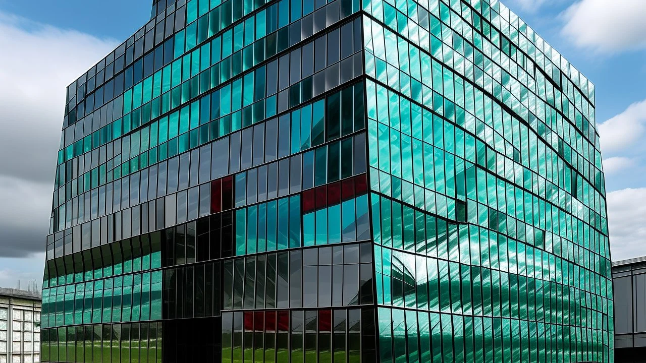Mirrored steel and smoked glass scales forming a building that appears to shift colors depending on the angle.
