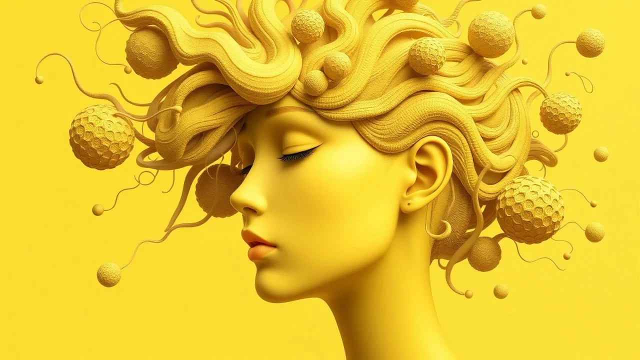 The image features a highly stylized and surreal representation of a human figure, characterized by a unique yellow-toned color palette. The face is shown in profile, with soft, smooth facial features and a serene expression. The head is adorned with flowing, organic shapes and textures that seem to resemble hair or tendrils, intertwining with spherical forms floating around. The background is a solid light yellow, enhancing the ethereal quality of the composition. The overall effect is one of