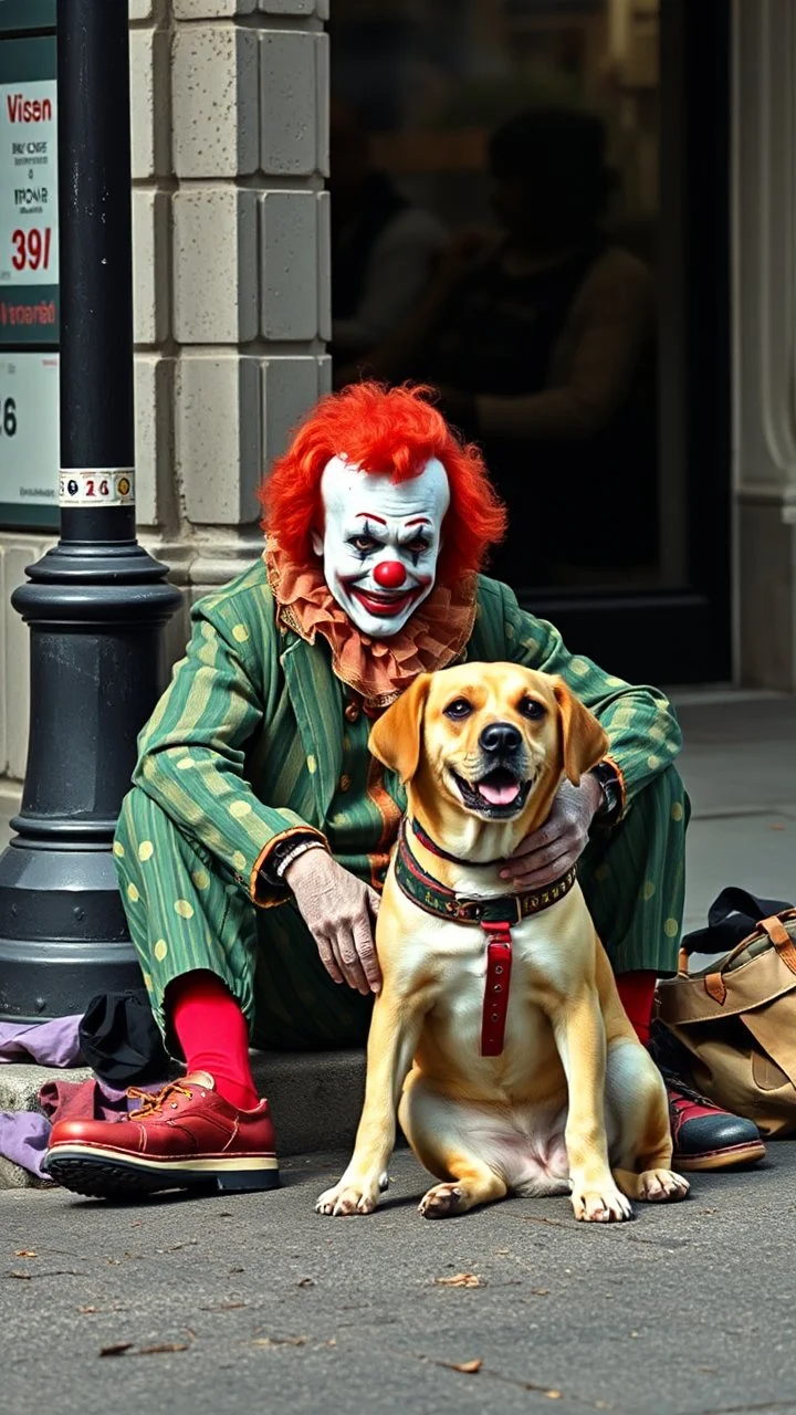 A sad homeless clown sitting with his dog in the street