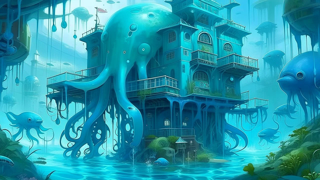 A blue underwater squid themed hospital painted by Zhang Lu