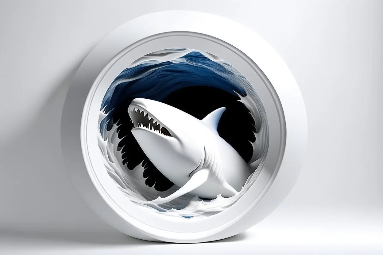 white,background,looking,through,a 3-d, hole,or,window,,a,seeing,shark ,skulpture,like